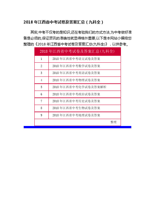 2018年江西省中考试卷及答案汇总（九科全）