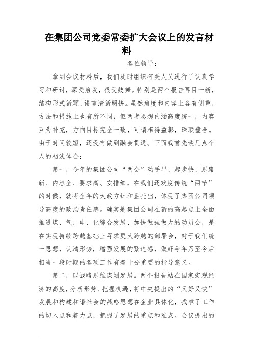 在集团公司党委常委扩大会议上的发言材料