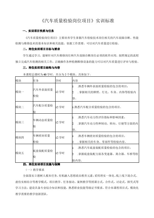 《汽车质量检验岗位项目》实训标准