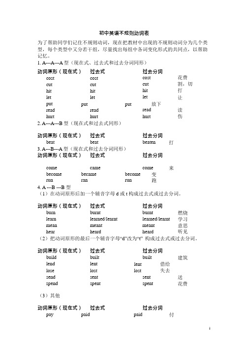 中考英语不规则动词表(背诵版)