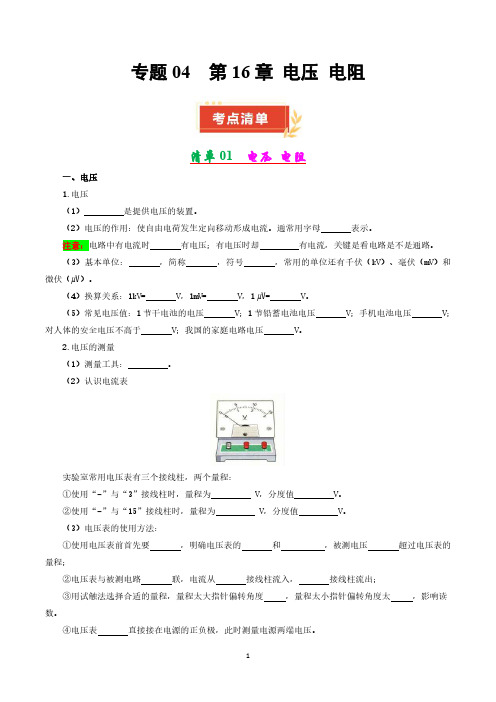 人教版九年级物理上册  专题04 第16章 电压 电阻【考点清单】