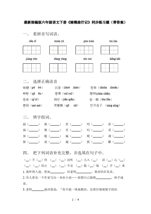 最新部编版六年级语文下册《骑鹅旅行记》同步练习题(带答案)