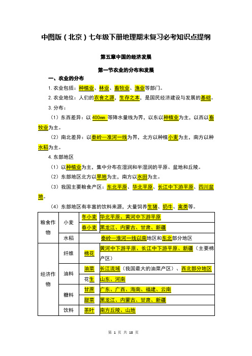 【直接打印】中图版(北京)七年级下册地理期末复习必考知识点提纲