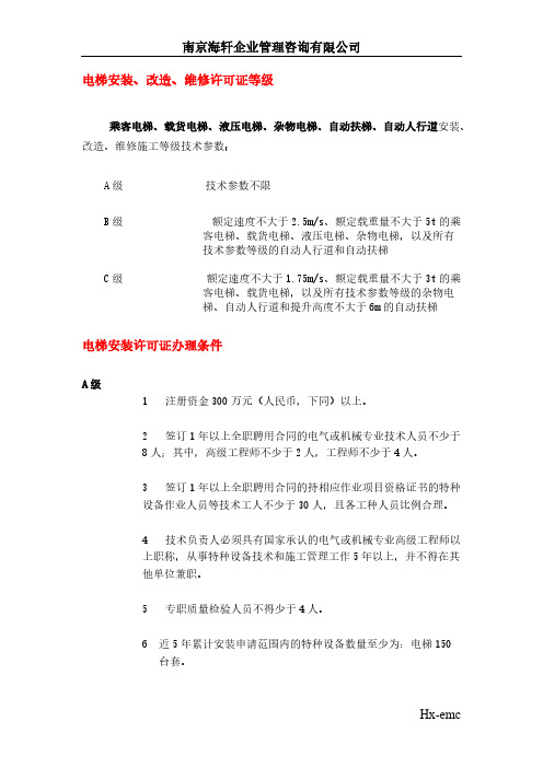 各类电梯安装改造维修许可等级分别及办理条件