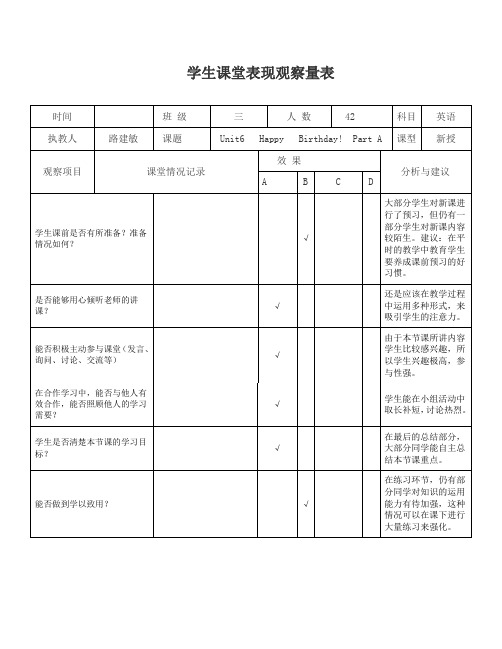 小学英语课堂观察量表