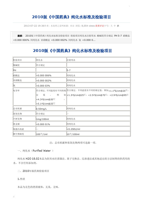 2010版《中国药典》纯化水标准及检测项目