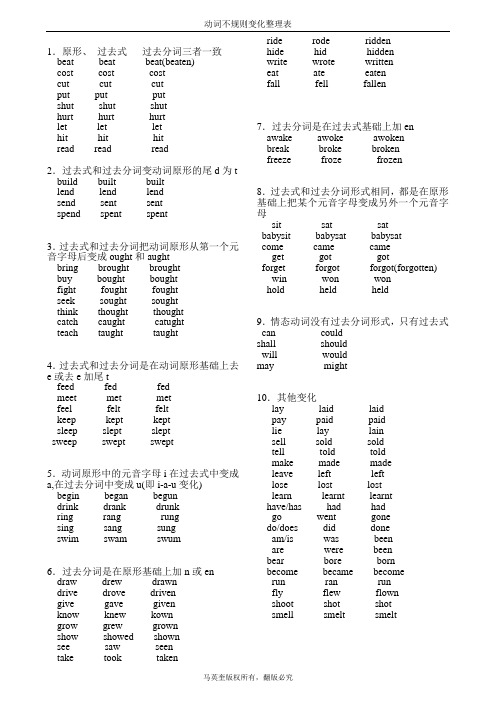 动词过去式过去分词不规则变化规律分析总结