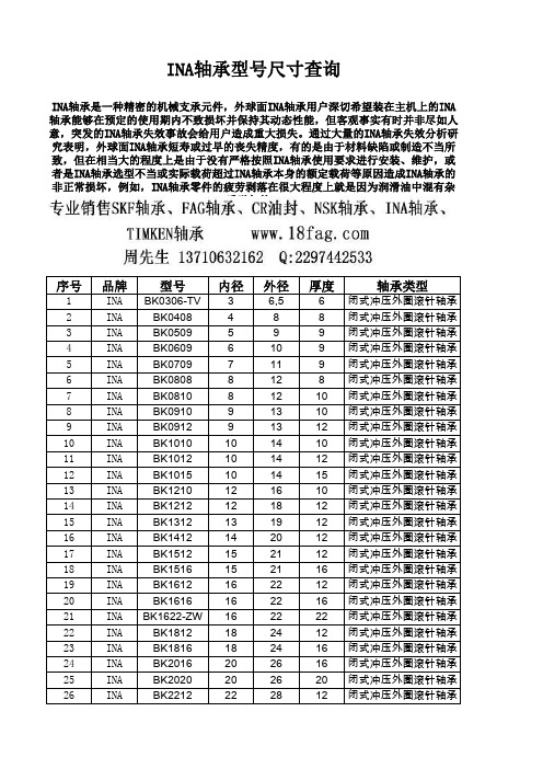 INA轴承型号尺寸