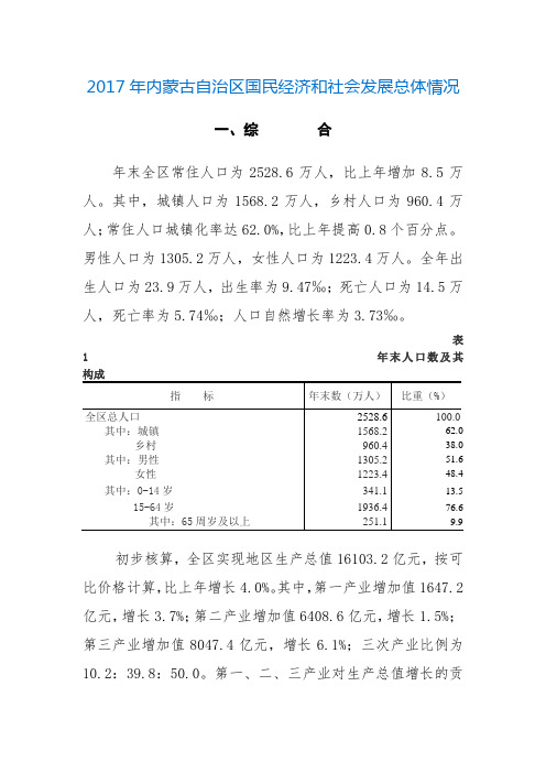 2017年内蒙古自治区国民经济和社会发展总体情况