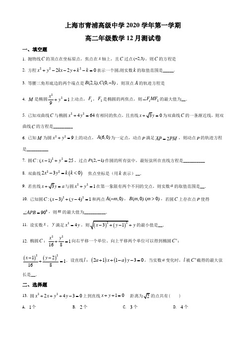 上海市青浦高级中学2020学年高二上学期12月月考数学试题解析版