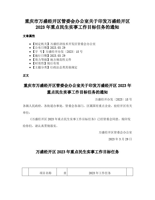 重庆市万盛经开区管委会办公室关于印发万盛经开区2023年重点民生实事工作目标任务的通知