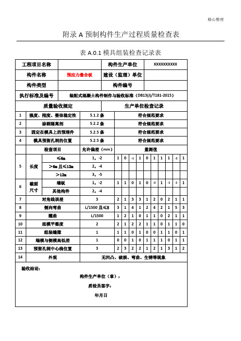 预制构件生产过程质量检查表