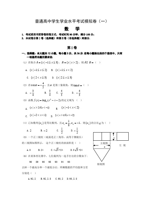2015数学学业水平模拟测试卷(一)