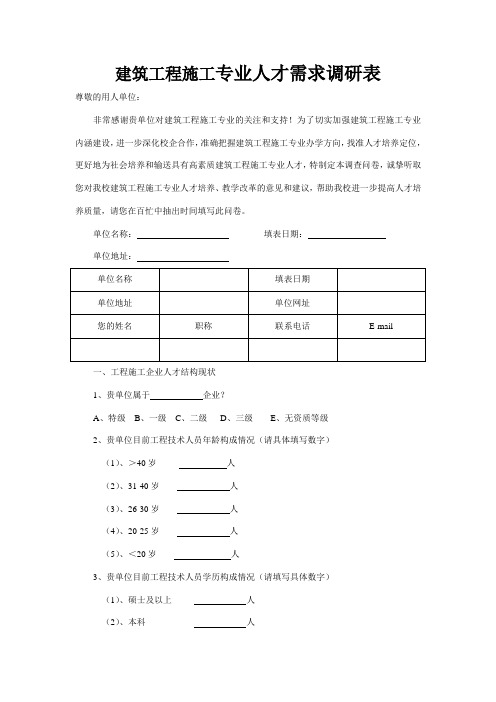 企业专业人才需求调查表