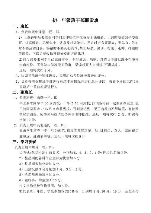 初一年级班干部职责表