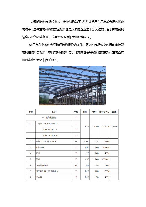 厂房钢结构报价明细表