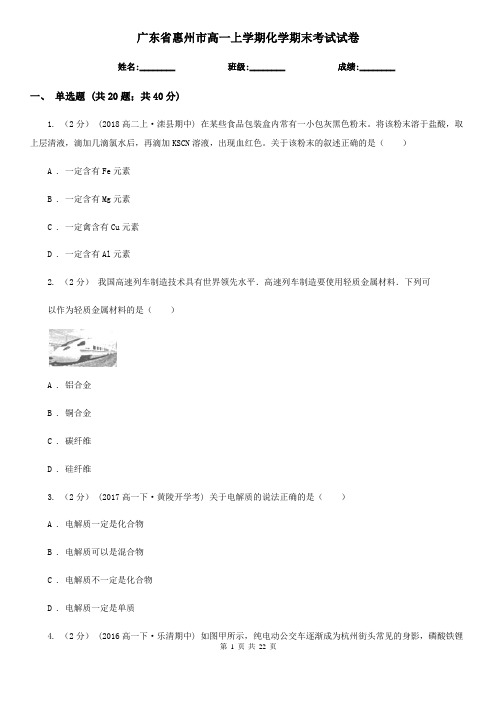 广东省惠州市高一上学期化学期末考试试卷