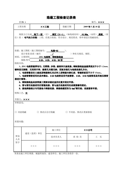 隐蔽工程检查记录表