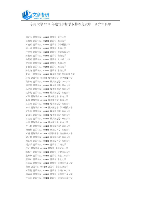 东南大学2017年建筑学拟录取推荐免试硕士研究生名单