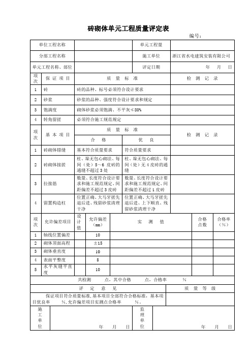 砖砌体单元工程质量评定表