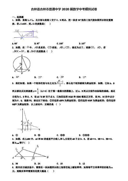 吉林省吉林市普通中学2020届数学中考模拟试卷