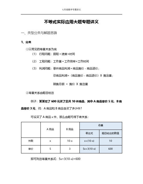 七年级数学不等式实际应用大题专题知识点与习题讲义