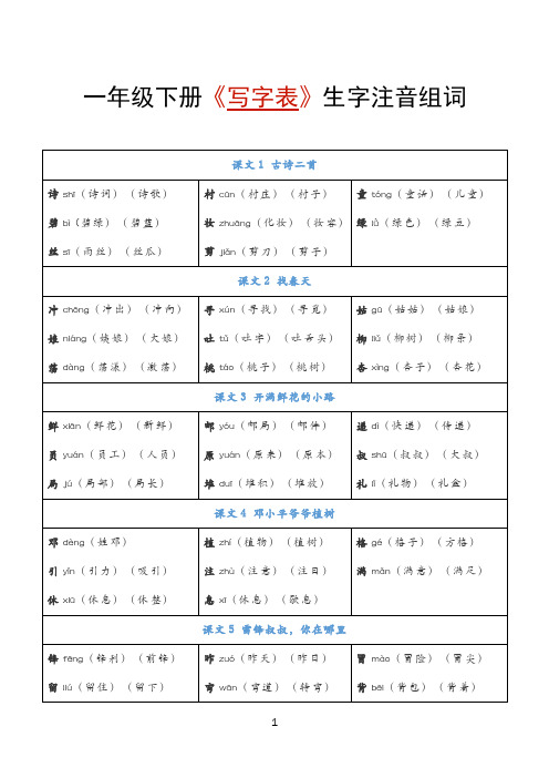 二年级下册语文《写字表》注音组词