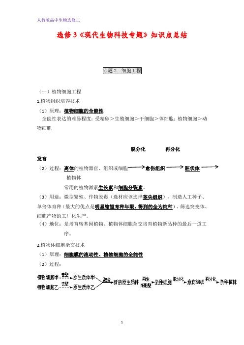 人教版高二生物选修三知识点总结：专题二细胞工程