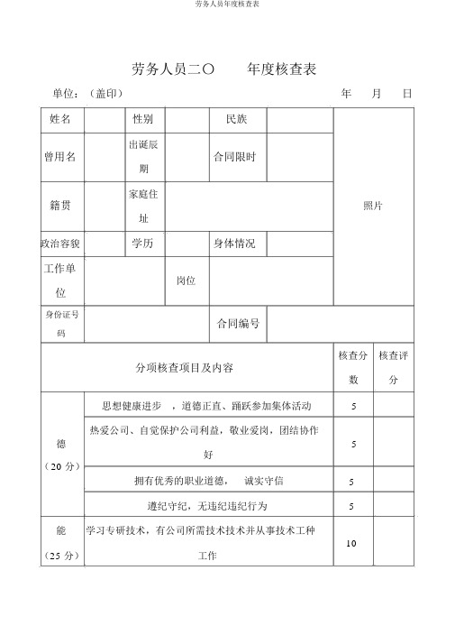 劳务人员年度考核表