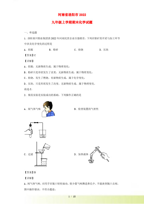 河南省洛阳市2022九年级化学上学期期末试题