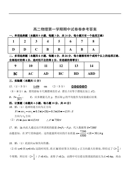 2019年最新学年 高二物理第一学期期中试卷卷参考答案