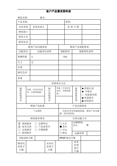 客户产品需求资料表(APQP)