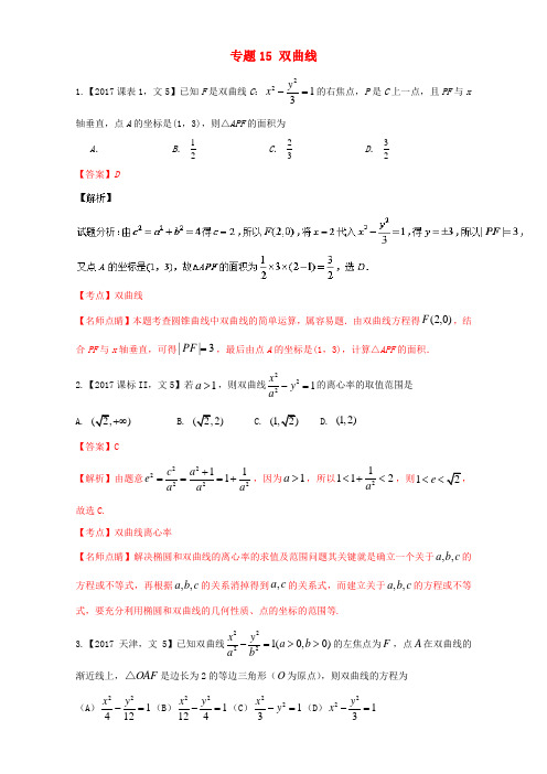 三年高考2015_2017高考数学试题分项版解析专题5双曲线文