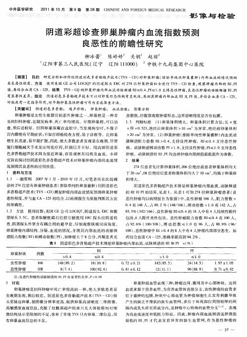 阴道彩超诊查卵巢肿瘤内血流指数预测良恶性的前瞻性研究