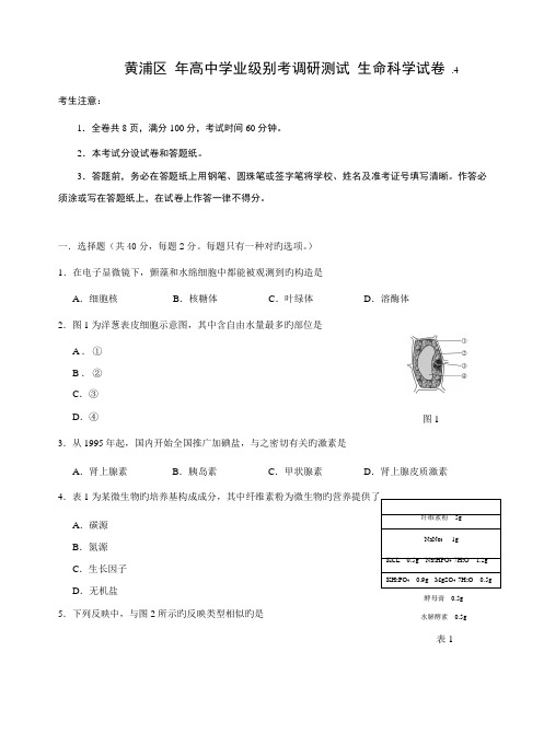 2022年上海市黄浦区生命科学等级考二模试卷及参考答案