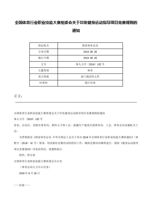 全国体育行业职业技能大赛组委会关于印发健身运动指导项目竞赛规则的通知-体人力字〔2019〕152号