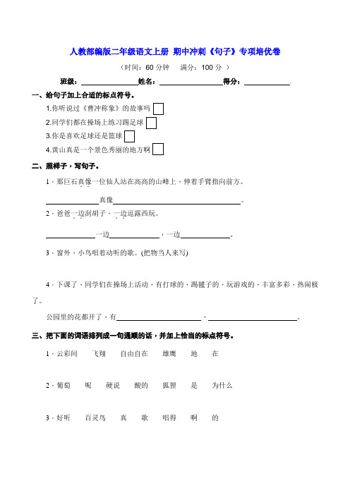 部编版二年级语文上册 期中冲刺《句子》专项培优卷(含答案)