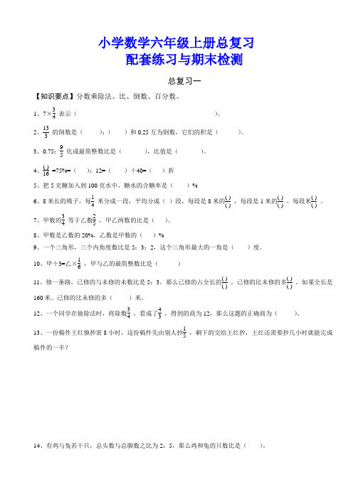 六年级上册数学总复习配套练习题与期末检测