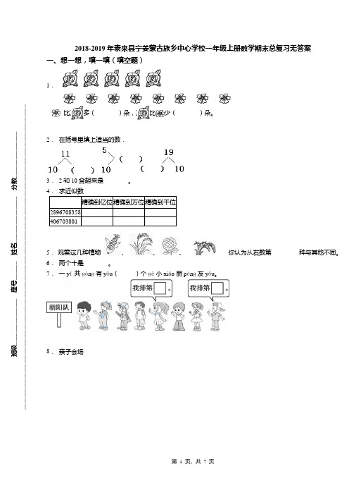 2018-2019年泰来县宁姜蒙古族乡中心学校一年级上册数学期末总复习无答案