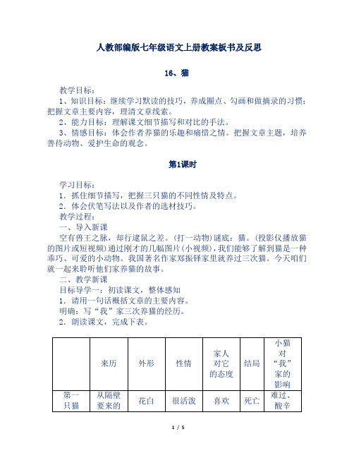 人教部编版七年级语文上册第16课《猫》教案板书及反思