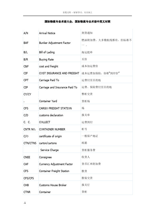 国际物流专业术语大全国际物流专业术语中英文对照