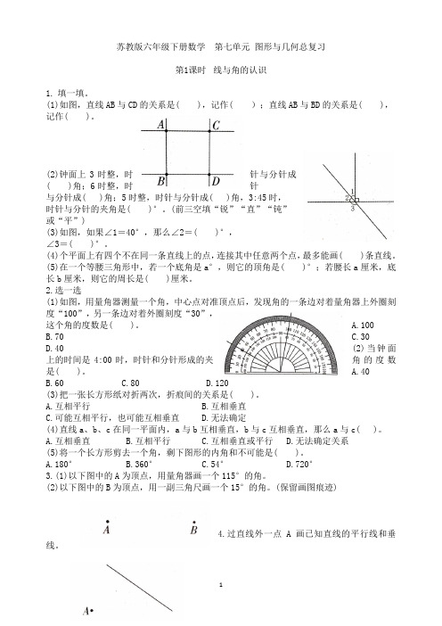 苏教版六年级下册数学  第七单元 图形与几何总复习练习卷