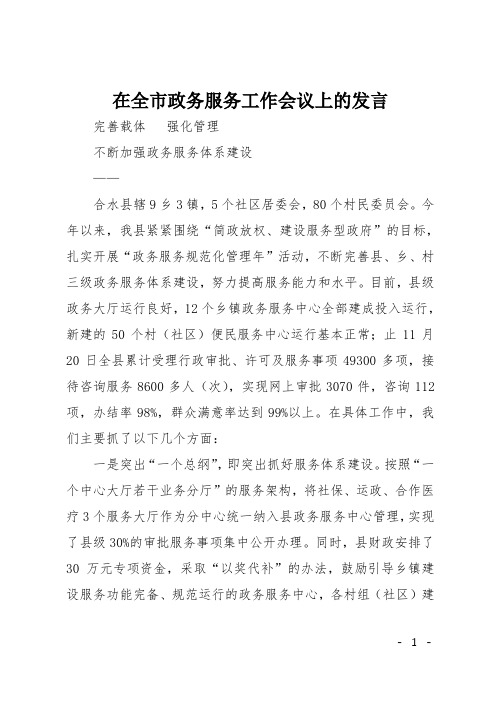 在全市政务服务工作会议上的发言