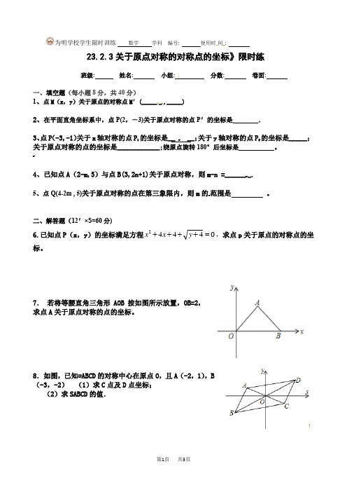 人教版九年级数学上册23.2.3  关于原点对称的对称点的坐标 练习