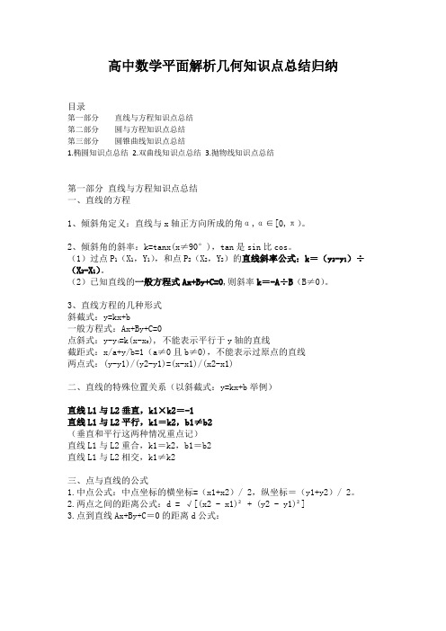 高中数学平面解析几何知识点总结