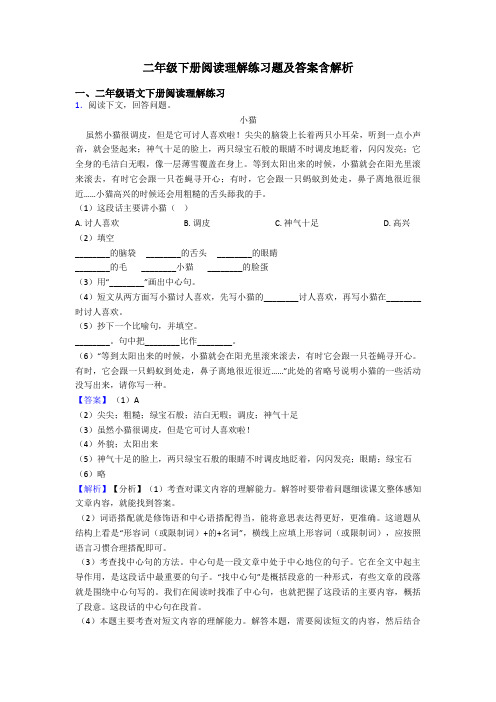 二年级二年级下册阅读理解练习题及答案含解析