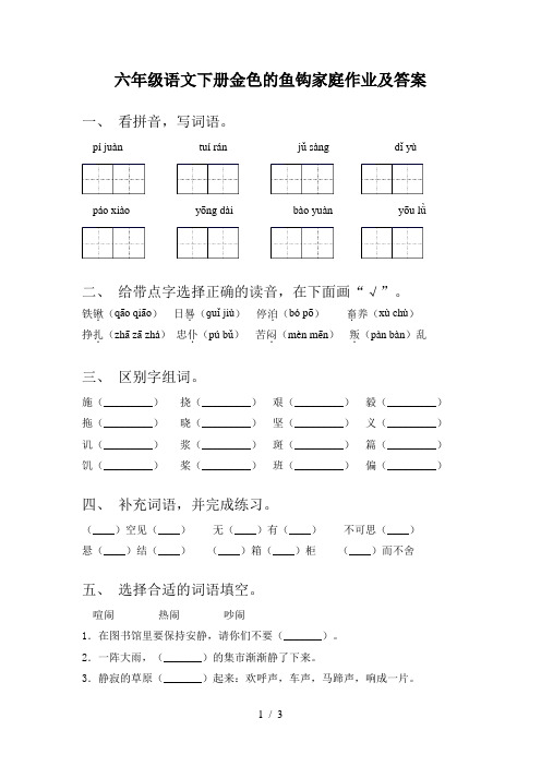 六年级语文下册金色的鱼钩家庭作业及答案