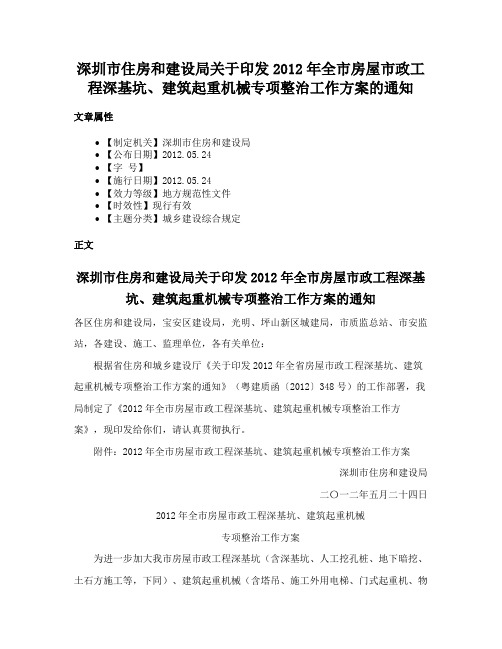 深圳市住房和建设局关于印发2012年全市房屋市政工程深基坑、建筑起重机械专项整治工作方案的通知