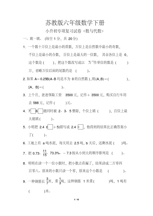 六年级数学下册《总复习（一）数与代数》（附答案）