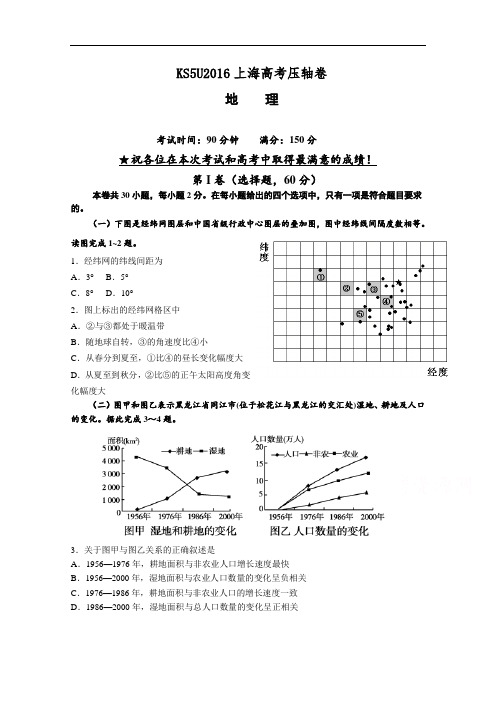 2016上海高考压轴卷 地理 Word版含答案